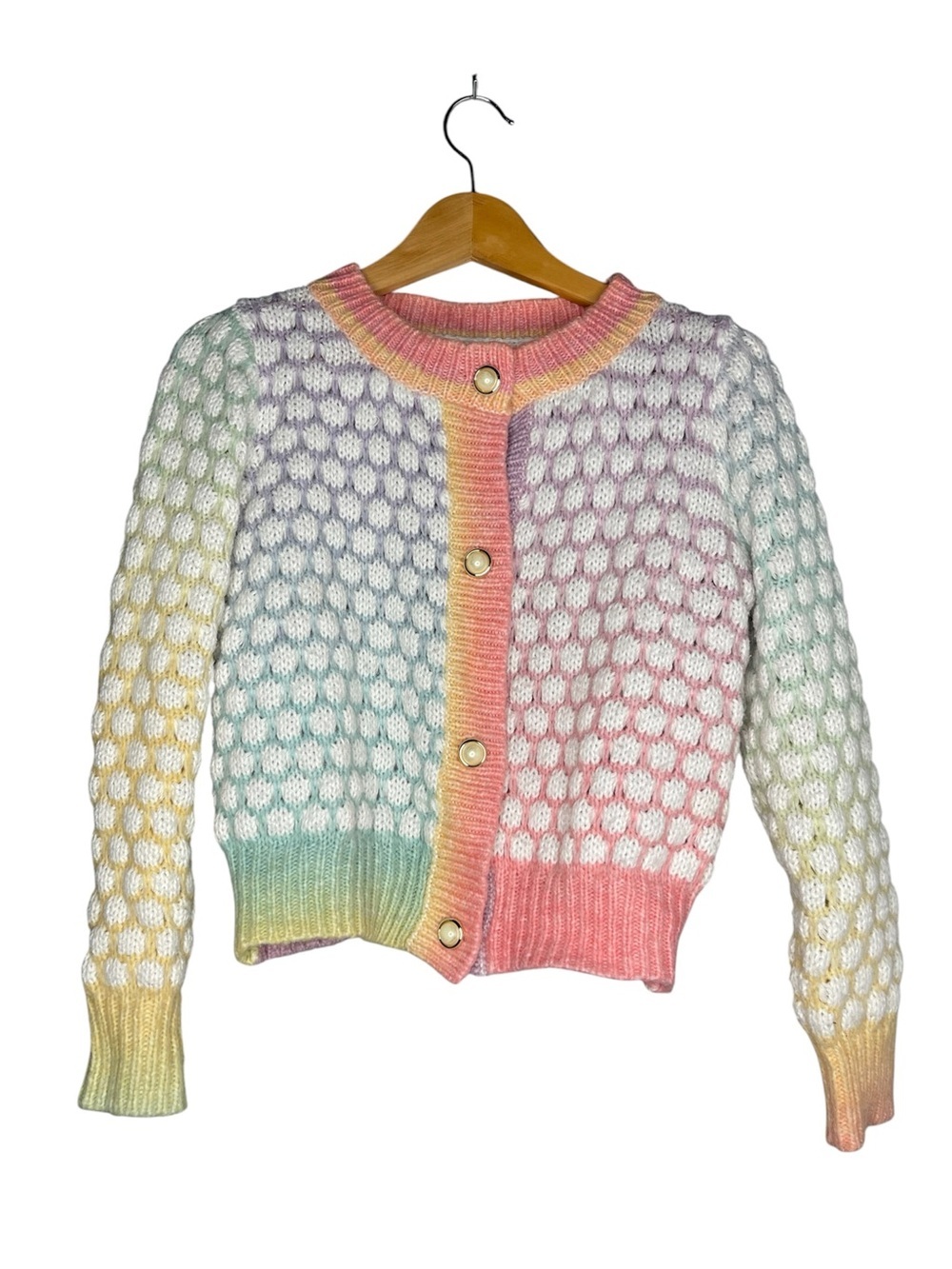 SHEIN LUNE Pastel Rainbow Ombre Bubble Knit Cardigan Sweater Small S
